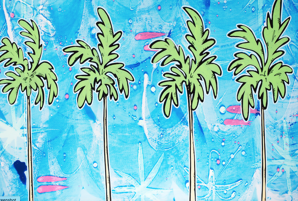 Four tall palm trees in bold outline against a bright blue abstract background — aluminum reproduction by Maui artist Welzie