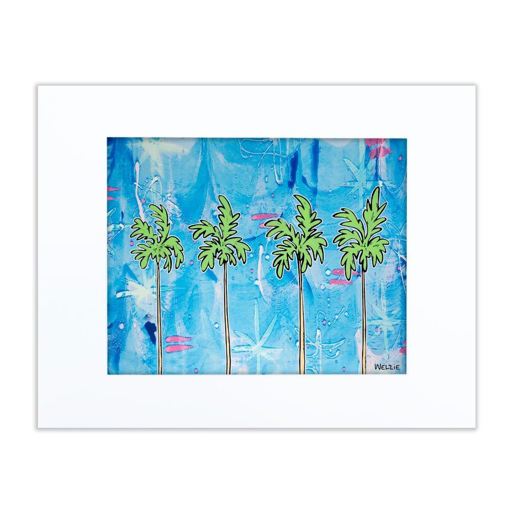 Four tall palm trees in bold outline against a bright blue abstract background — matted fine art print by Maui artist Welzie