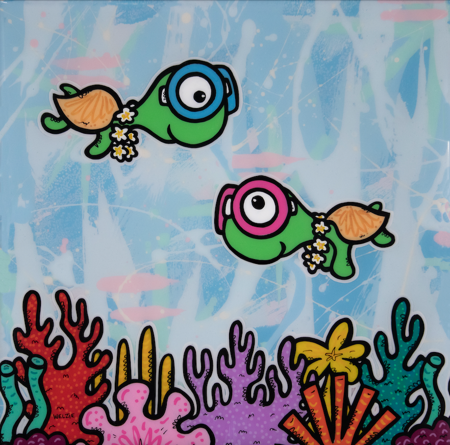 Two green sea turtles wearing snorkel masks swimming together — aluminum reproduction by Maui artist Welzie
