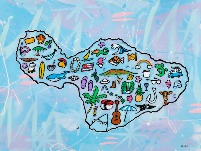 Colorful illustrated map of Maui filled with playful travel icons — matted fine art print by Maui artist Welzie