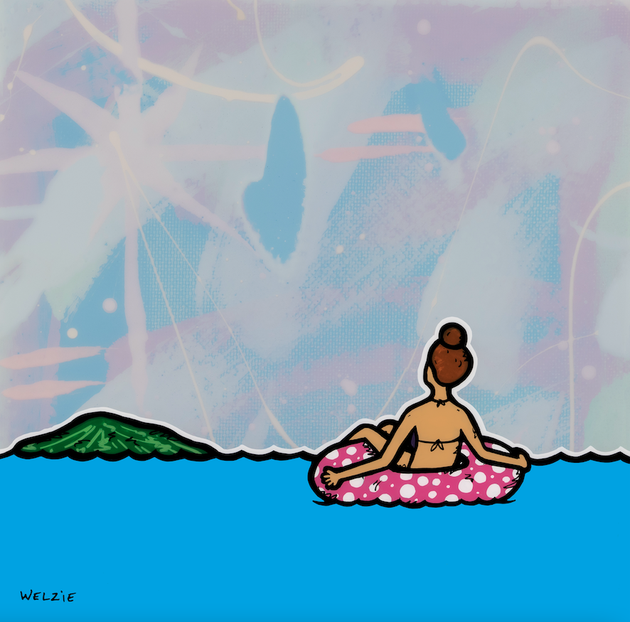 A figure floating on a pink pool float in blue ocean water with a mountain in the background — aluminum reproduction by Maui artist Welzie