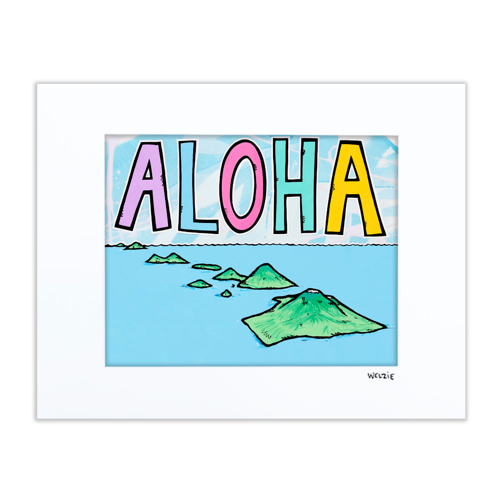 "ALOHA" lettered in pink, blue, and yellow over an island silhouette — matted fine art print by Maui artist Welzie