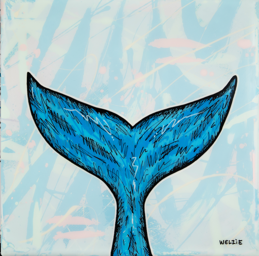 Blue whale tail breaching from stylized waves against a soft pastel background — aluminum reproduction by Maui artist Welzie