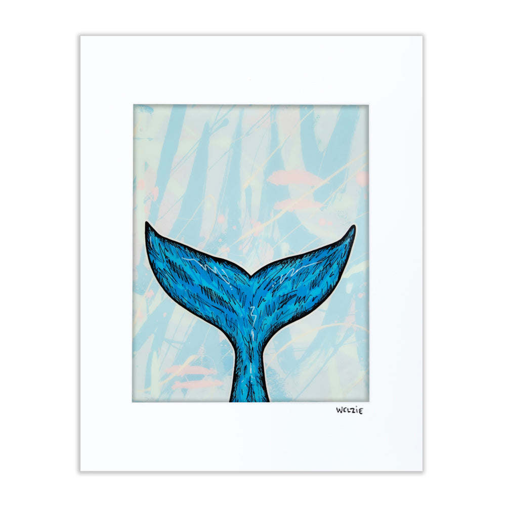 Blue whale tail breaching from stylized waves against a soft pastel background — matted fine art print by Maui artist Welzie