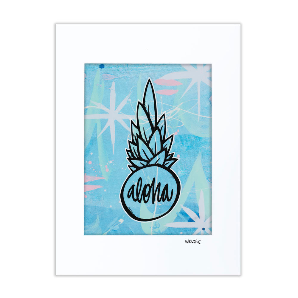 Pineapple illustration with "aloha" lettering on a blue background — matted fine art print by Maui artist Welzie