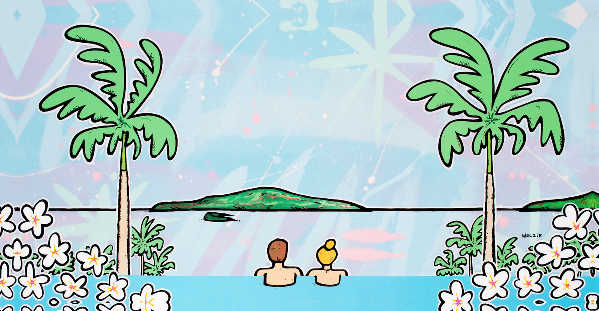 Two palm trees framing a beach scene with people relaxing by the water — aluminum reproduction by Maui artist Welzie