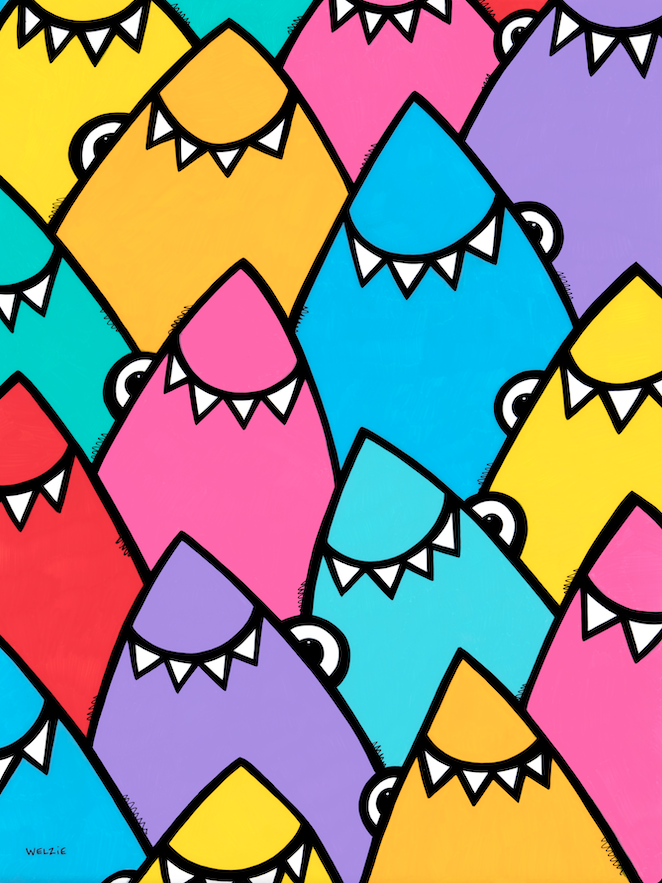 Repeating shark-tooth pattern in rainbow pink, yellow, teal, and purple — aluminum reproduction by Maui artist Welzie