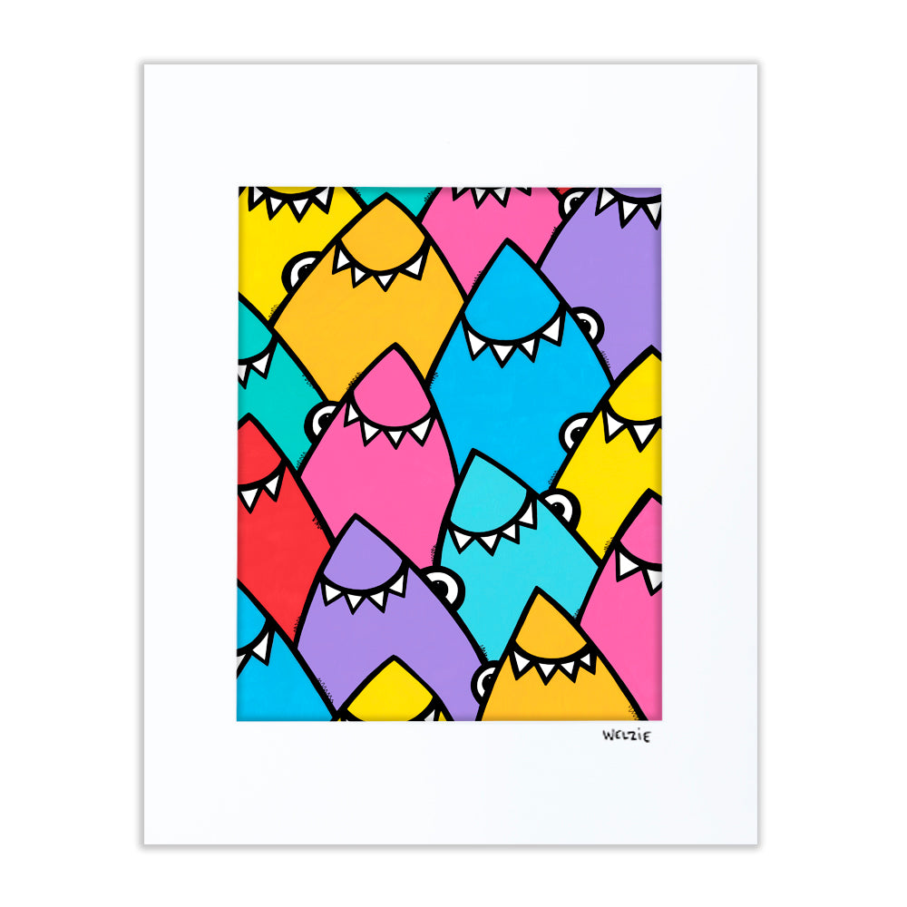 Repeating shark-tooth pattern in rainbow pink, yellow, teal, and purple — matted fine art print by Maui artist Welzie