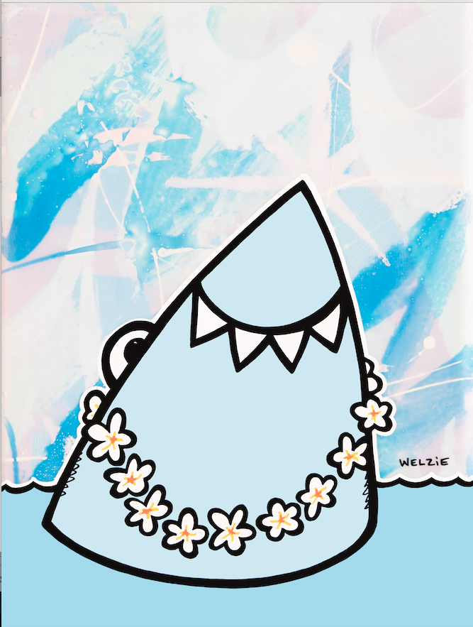 Shark silhouette wearing a white flower lei around its jaw — aluminum reproduction by Maui artist Welzie