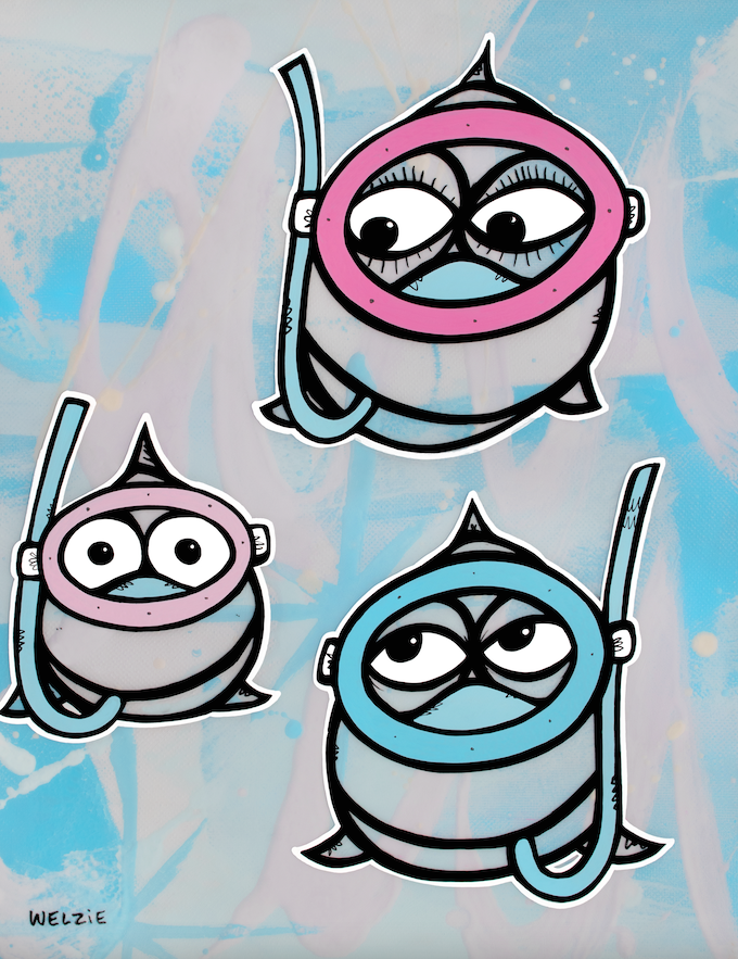 Three round snorkeling characters wearing blue and pink masks — aluminum reproduction by Maui artist Welzie