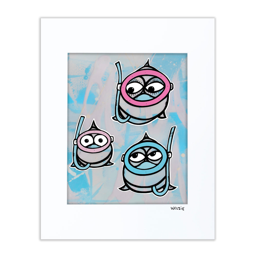 Three round snorkeling characters wearing blue and pink masks — matted fine art print by Maui artist Welzie
