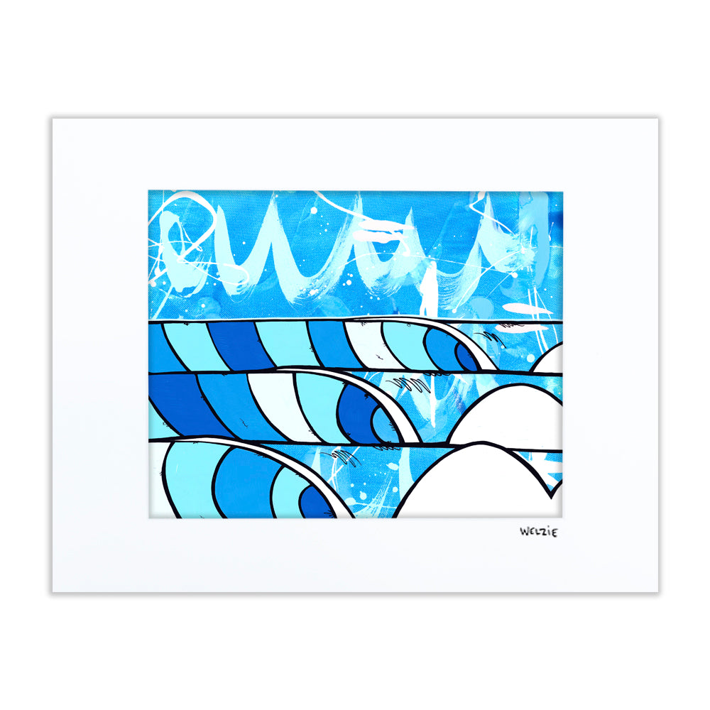 Stylized layered blue wave pattern in a graphic surf-art style — matted fine art print by Maui artist Welzie