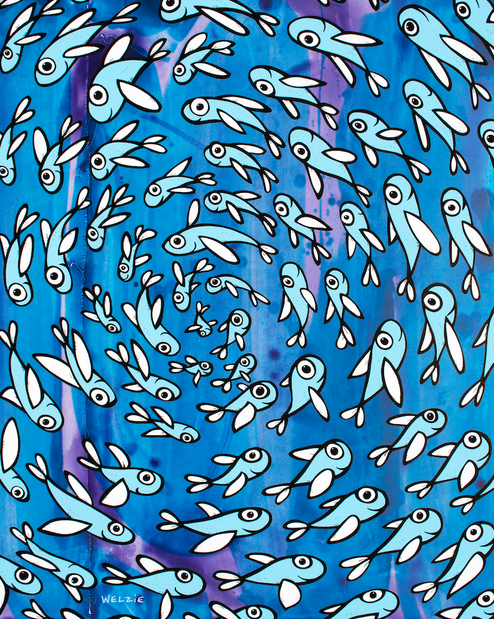 Swirling spiral pattern of small silver fish schooling together — aluminum reproduction by Maui artist Welzie