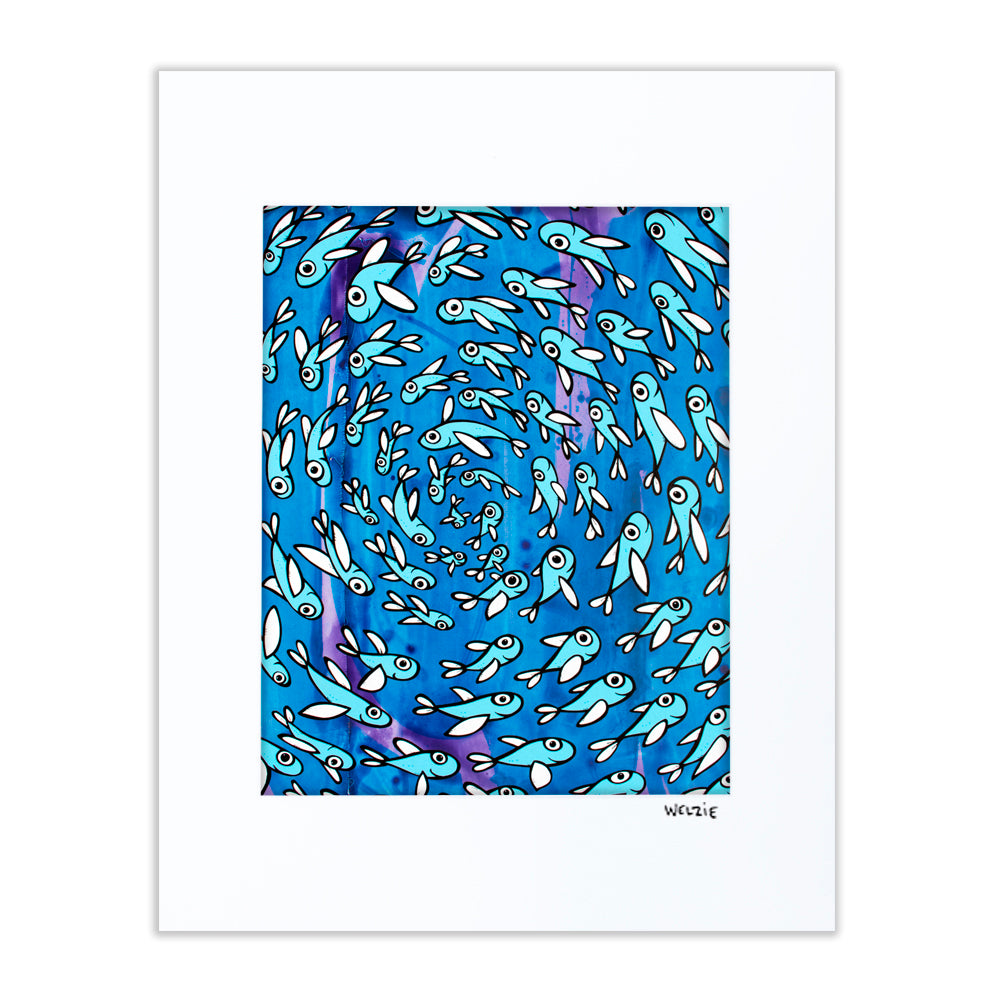 Swirling spiral pattern of small silver fish schooling together — matted fine art print by Maui artist Welzie