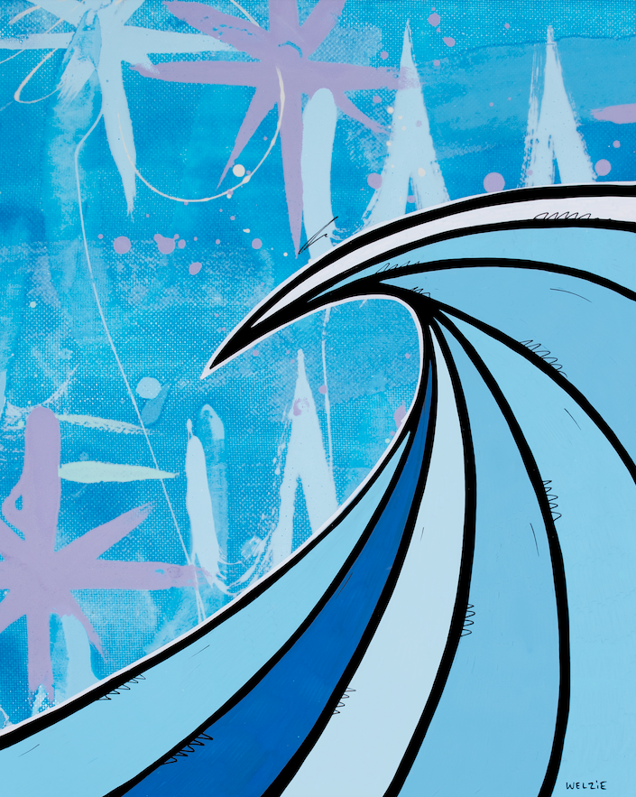 Large curling blue wave rendered in bold graphic linework — aluminum reproduction by Maui artist Welzie