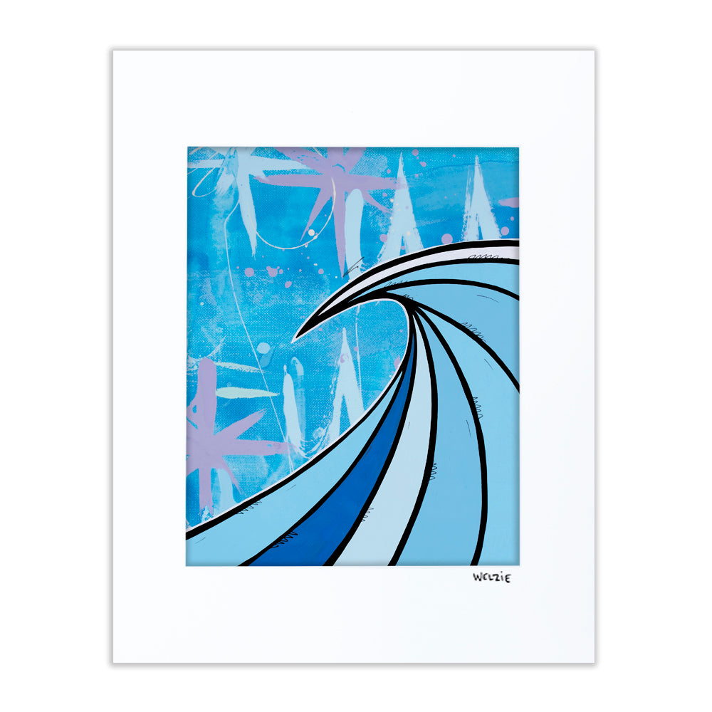 Large curling blue wave rendered in bold graphic linework — matted fine art print by Maui artist Welzie