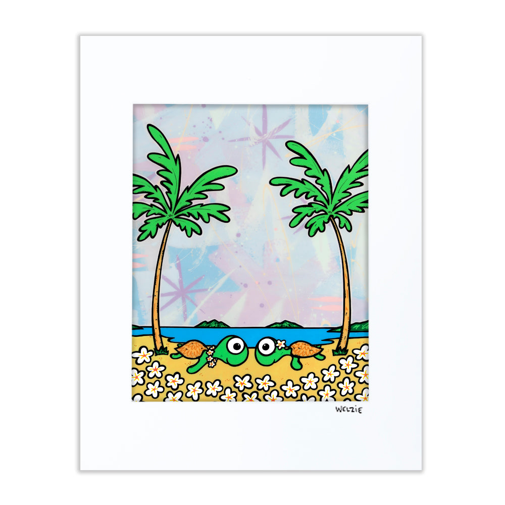 Two sea turtles resting together on a sandy beach, connected by a pink heart — matted fine art print by Maui artist Welzie