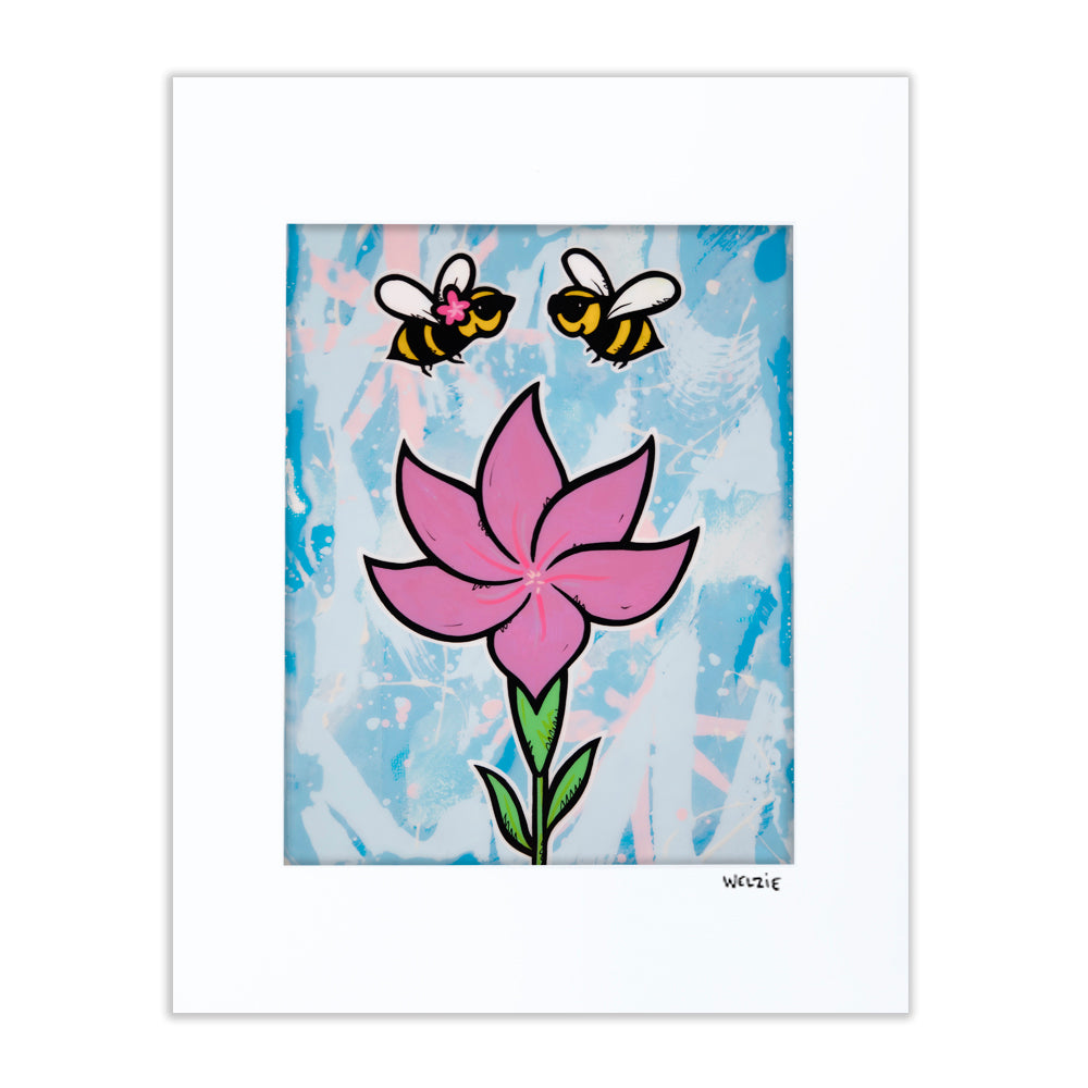 Pink flower with two bees, bold outline illustration — matted fine art print by Maui artist Welzie