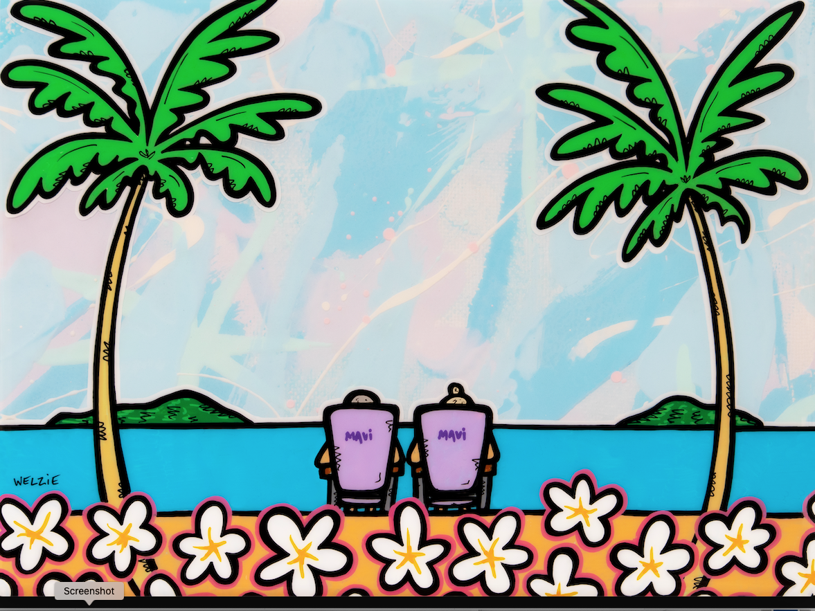 Two palm trees and beach chairs facing the ocean, framed by plumeria flowers — aluminum reproduction by Maui artist Welzie