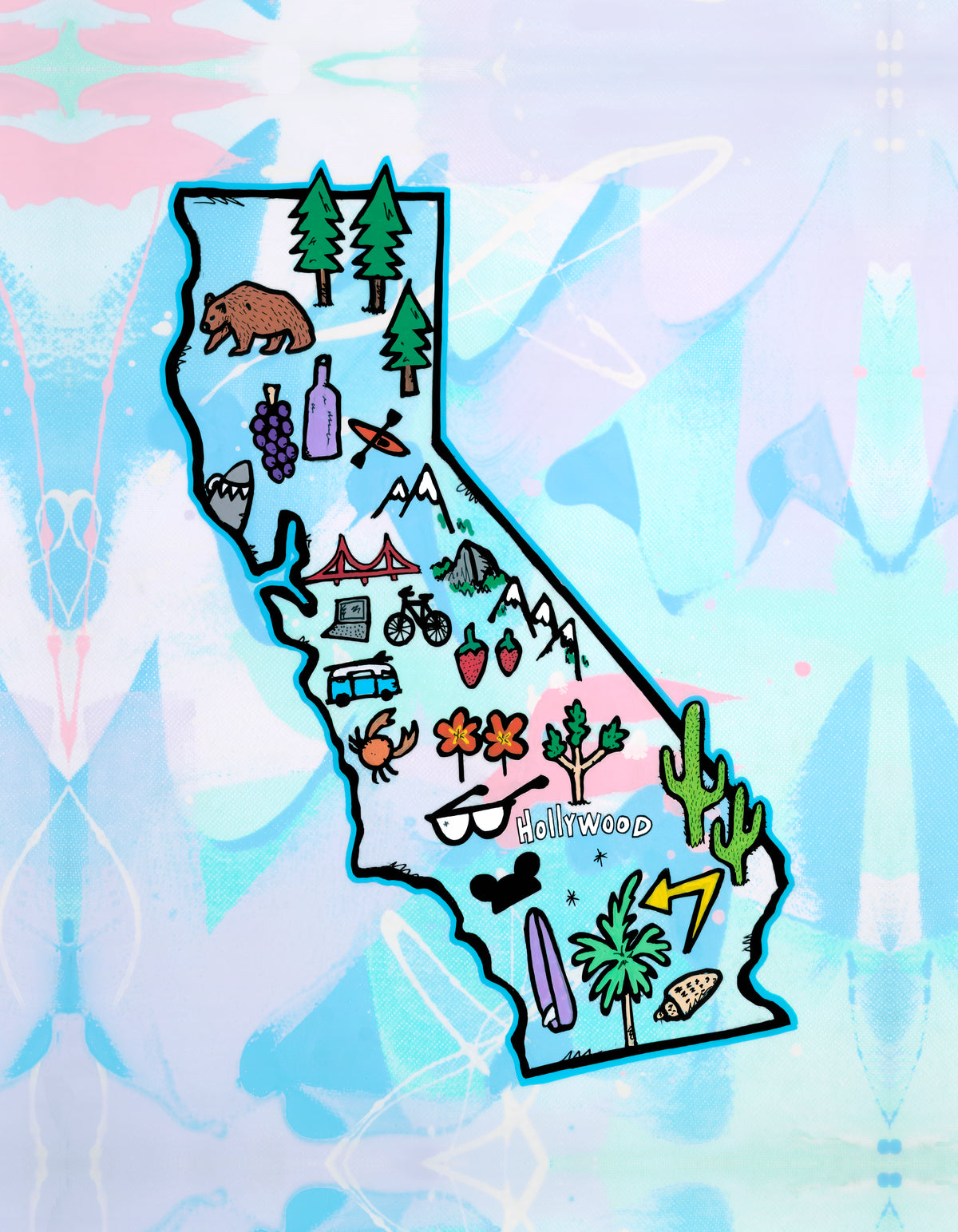 California state outline filled with travel icons like a bear, trees, and a road trip van — aluminum reproduction by Maui artist Welzie