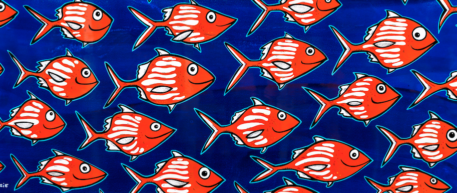 Repeating pattern of red fish on a deep navy background — aluminum reproduction by Maui artist Welzie