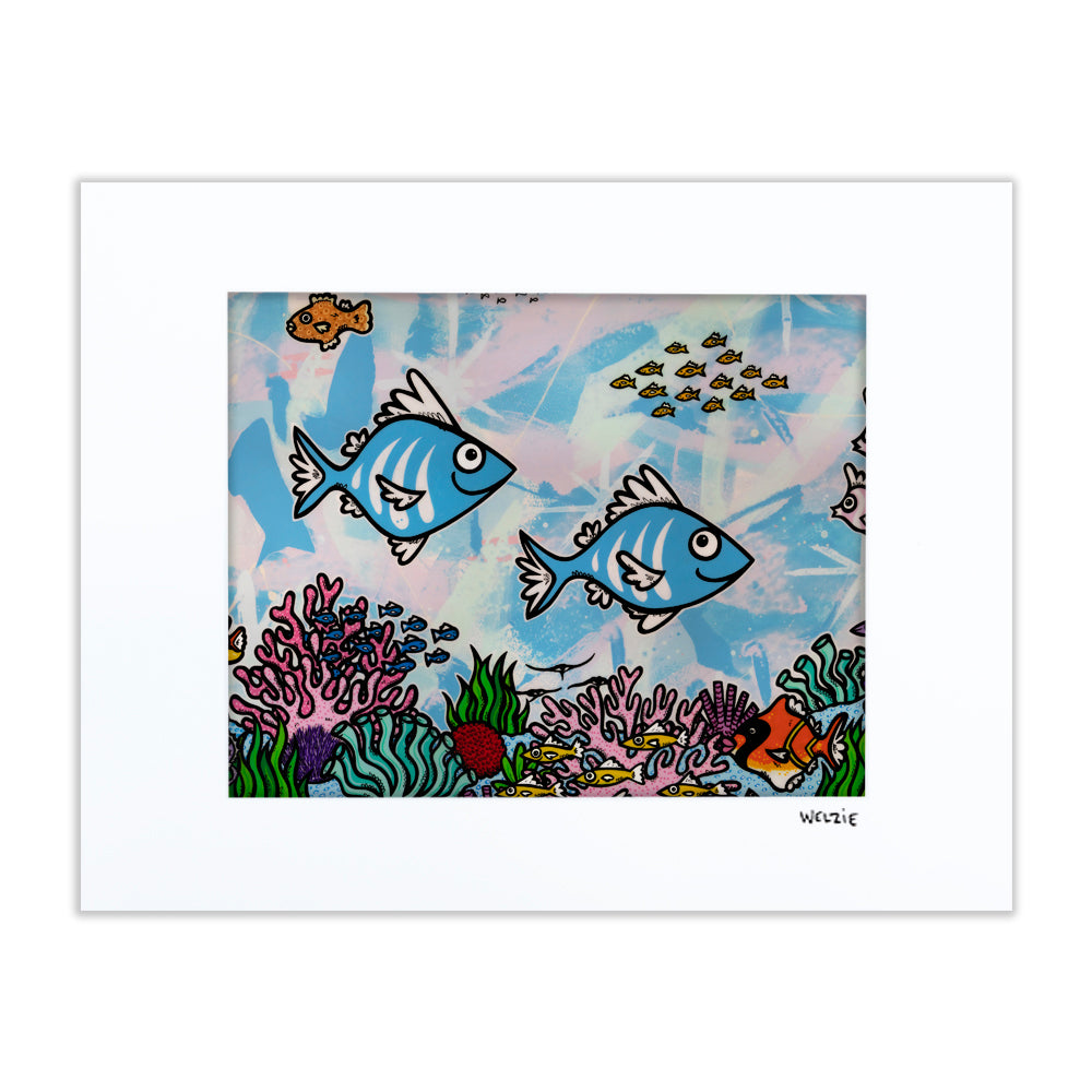 Wide underwater reef scene with fish swimming among colorful coral — matted fine art print by Maui artist Welzie