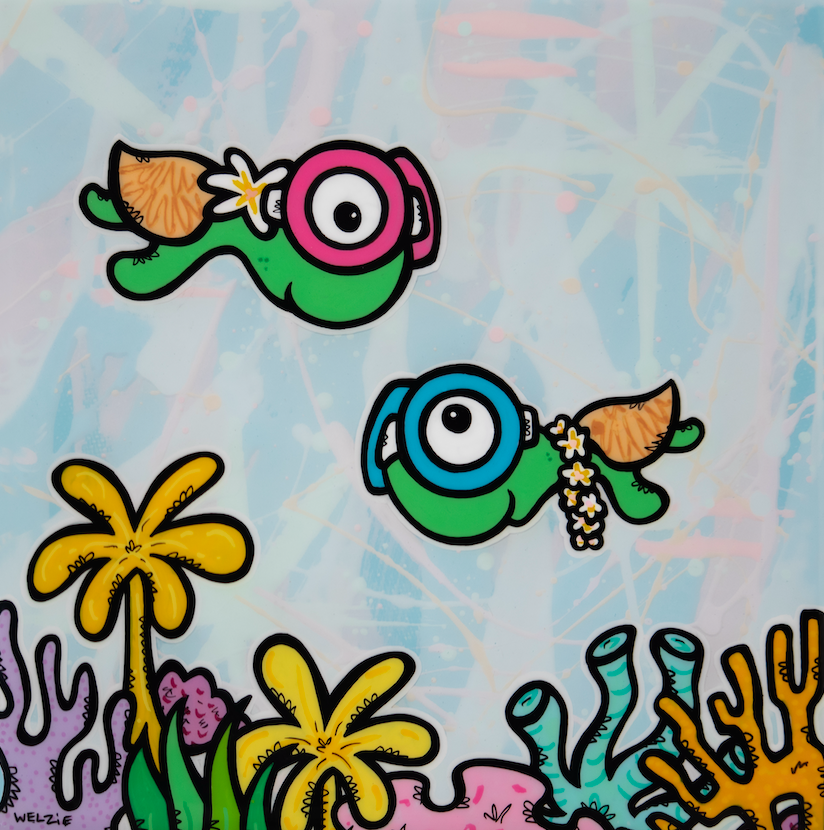Two turtle characters wearing snorkel masks near yellow coral flowers — aluminum reproduction by Maui artist Welzie