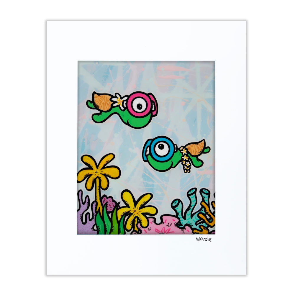 Two turtle characters wearing snorkel masks near yellow coral flowers — matted fine art print by Maui artist Welzie