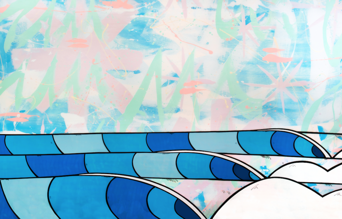 Abstract layered blue wave pattern — aluminum reproduction by Maui artist Welzie