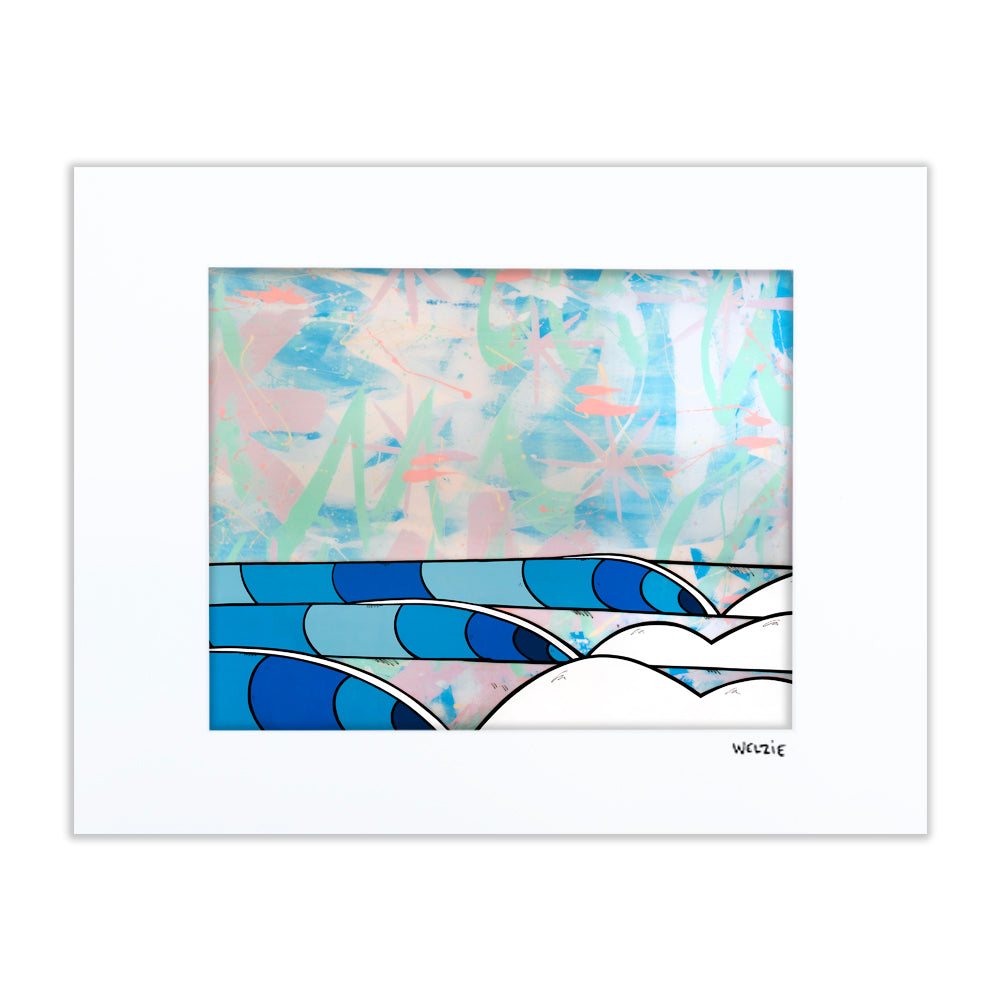 Abstract layered blue wave pattern — matted fine art print by Maui artist Welzie