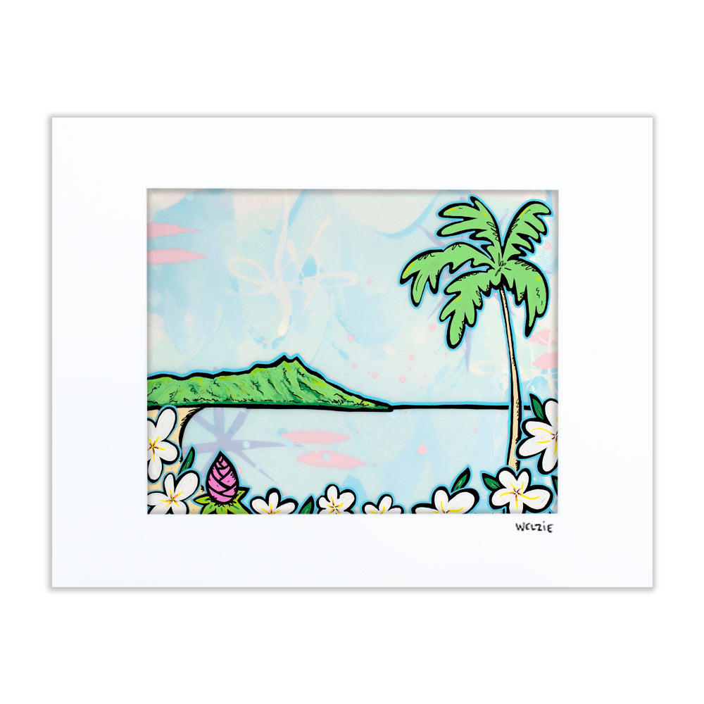 Diamond Head crater silhouette against a bright white and cream sky — matted fine art print by Maui artist Welzie
