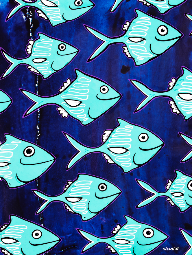 Repeating pattern of aqua fish on a deep navy background — aluminum reproduction by Maui artist Welzie