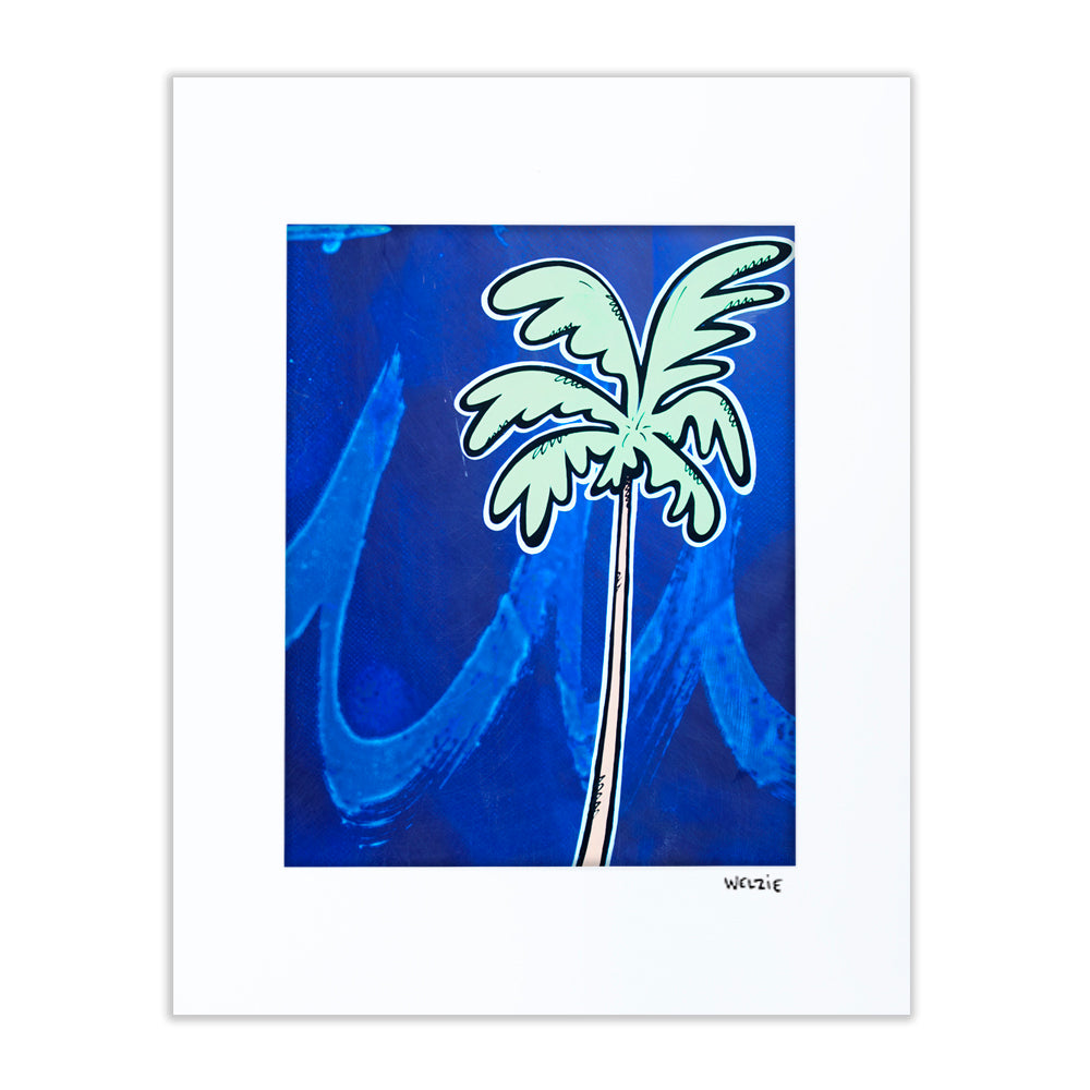 Single palm tree against a swirling blue abstract background — matted fine art print by Maui artist Welzie