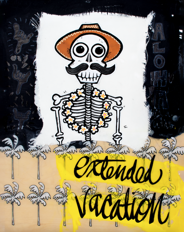 Skeleton figure in a sombrero with "EXTENDED VACATION" lettering — aluminum reproduction by Maui artist Welzie