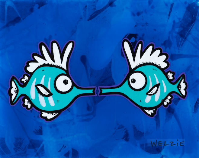Two teal fish facing each other nose to nose — aluminum reproduction by Maui artist Welzie