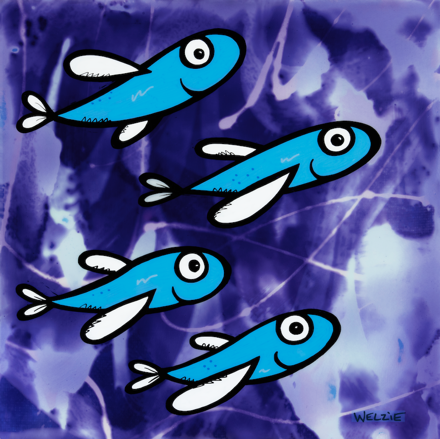 Blue flying fish figures set against a purple background — aluminum reproduction by Maui artist Welzie