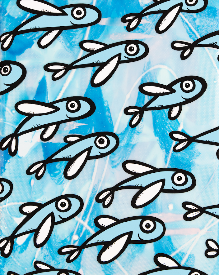Repeating pattern of blue and white fish swimming together — aluminum reproduction by Maui artist Welzie