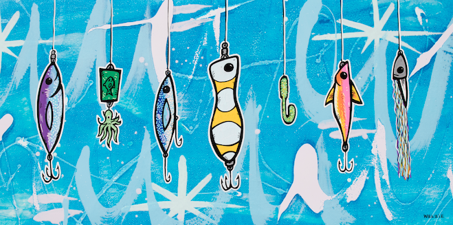A row of colorful fishing lures hanging side by side — aluminum reproduction by Maui artist Welzie