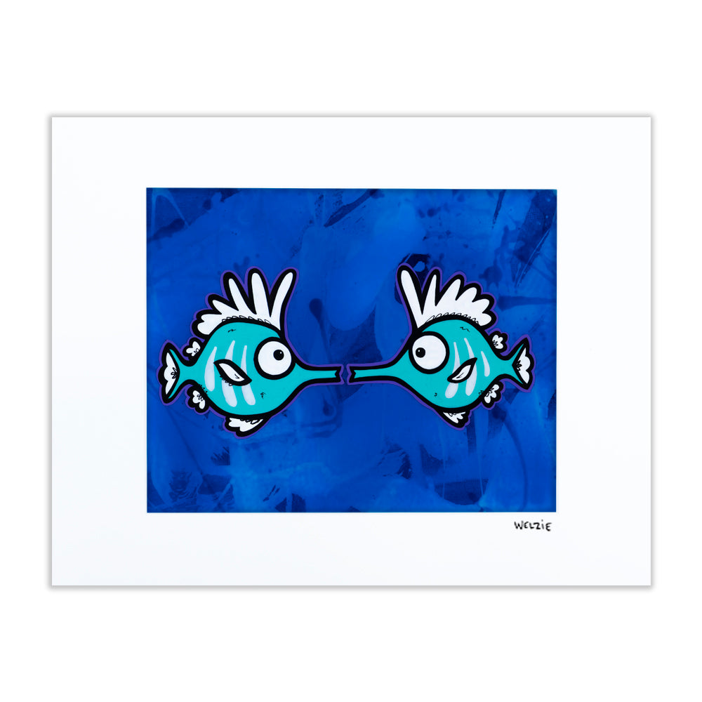Two teal fish facing each other nose to nose — matted fine art print by Maui artist Welzie