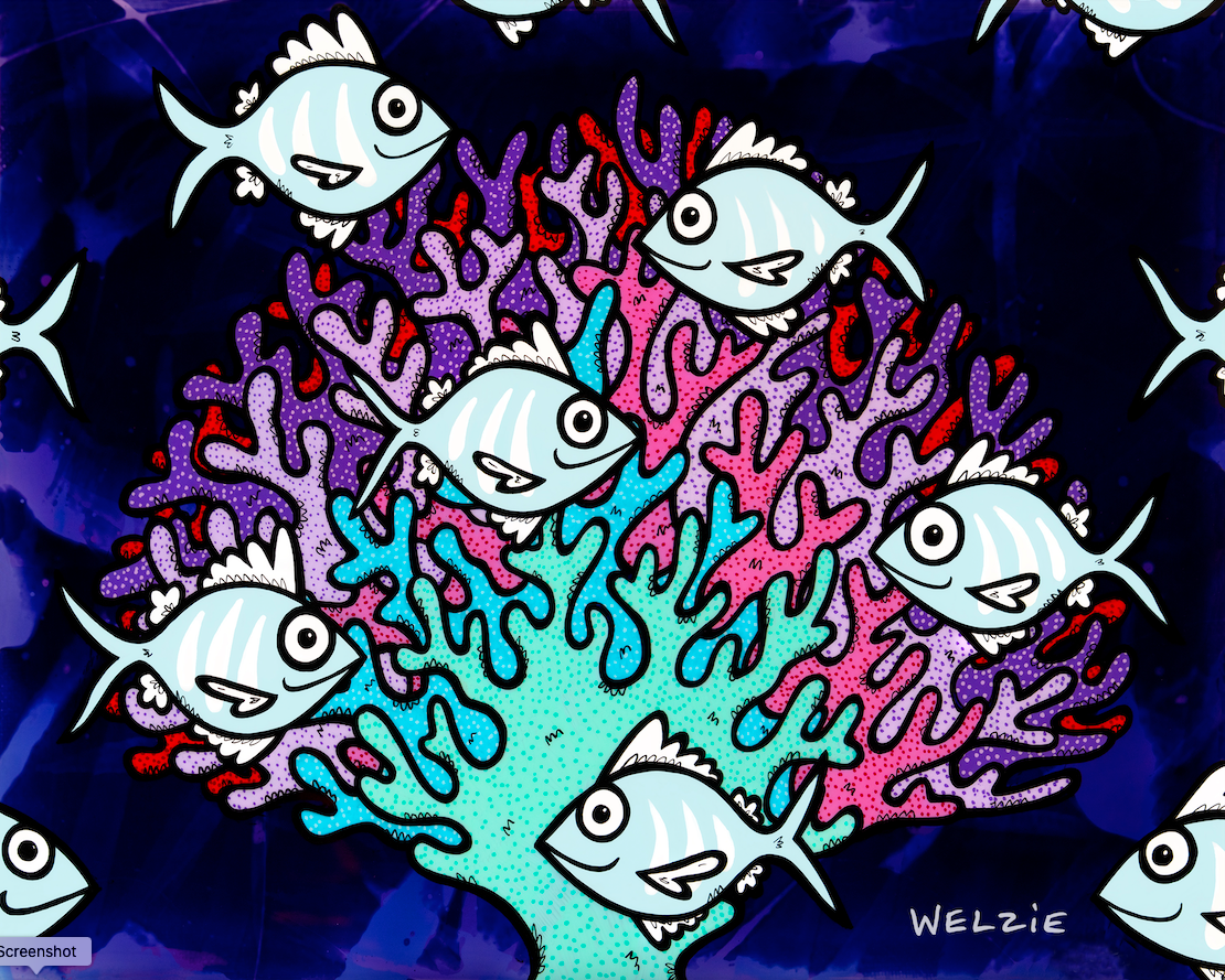 Colorful coral reef teeming with fish in purple, teal, and red against a dark background — aluminum reproduction by Maui artist Welzie