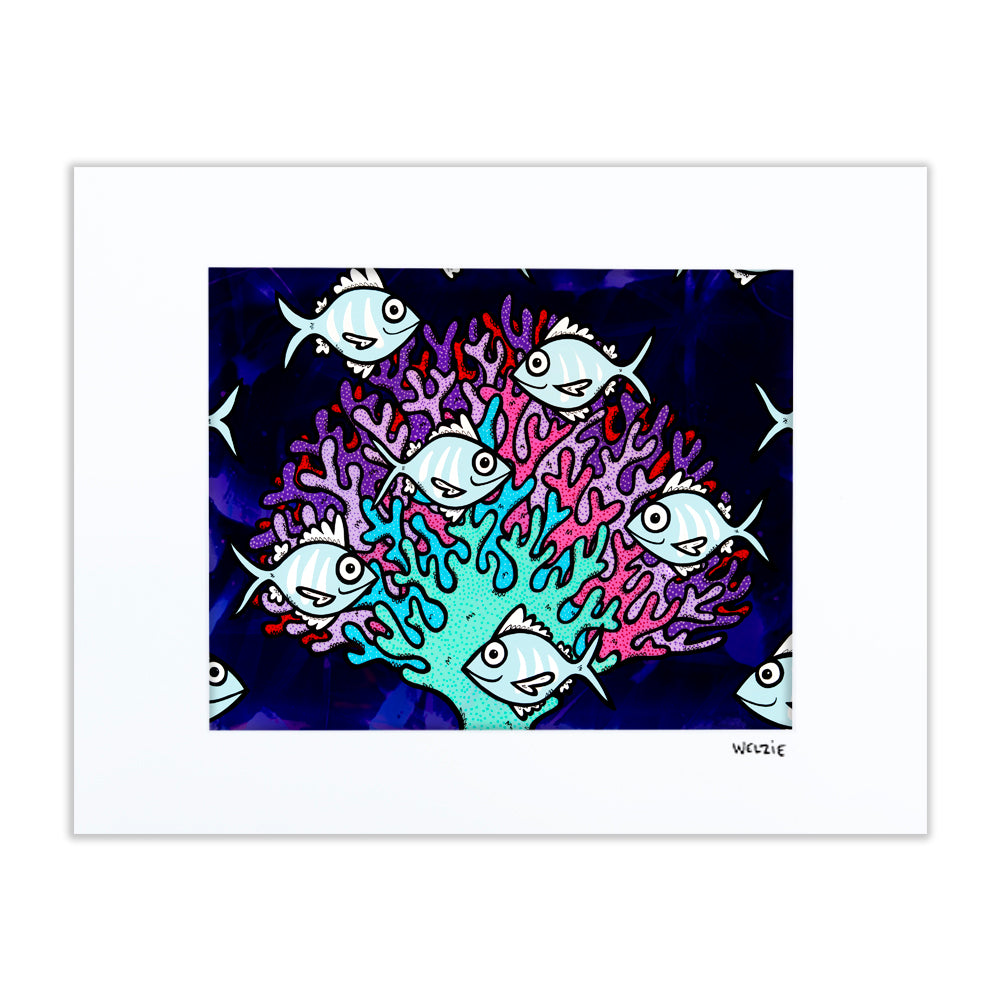Colorful coral reef teeming with fish in purple, teal, and red against a dark background — matted fine art print by Maui artist Welzie