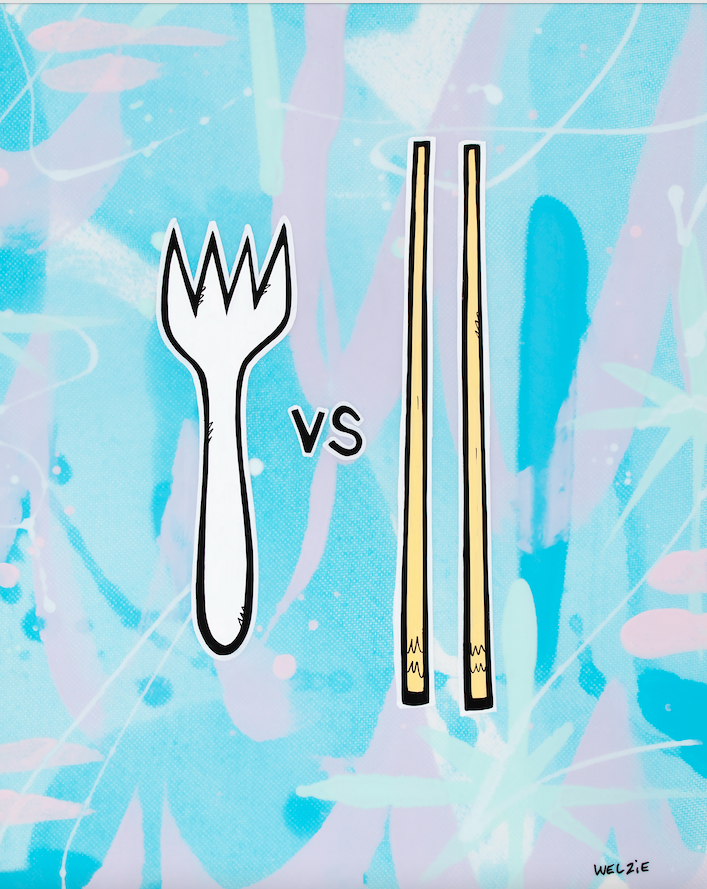A fork and a pair of chopsticks illustrated side by side with "VS" lettering — aluminum reproduction by Maui artist Welzie