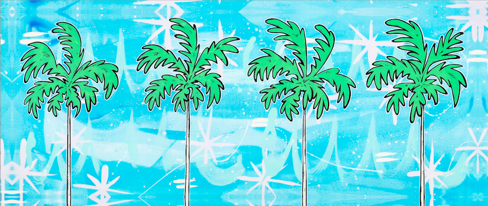Four tall palm trees in bold outline against a blue background — aluminum reproduction by Maui artist Welzie