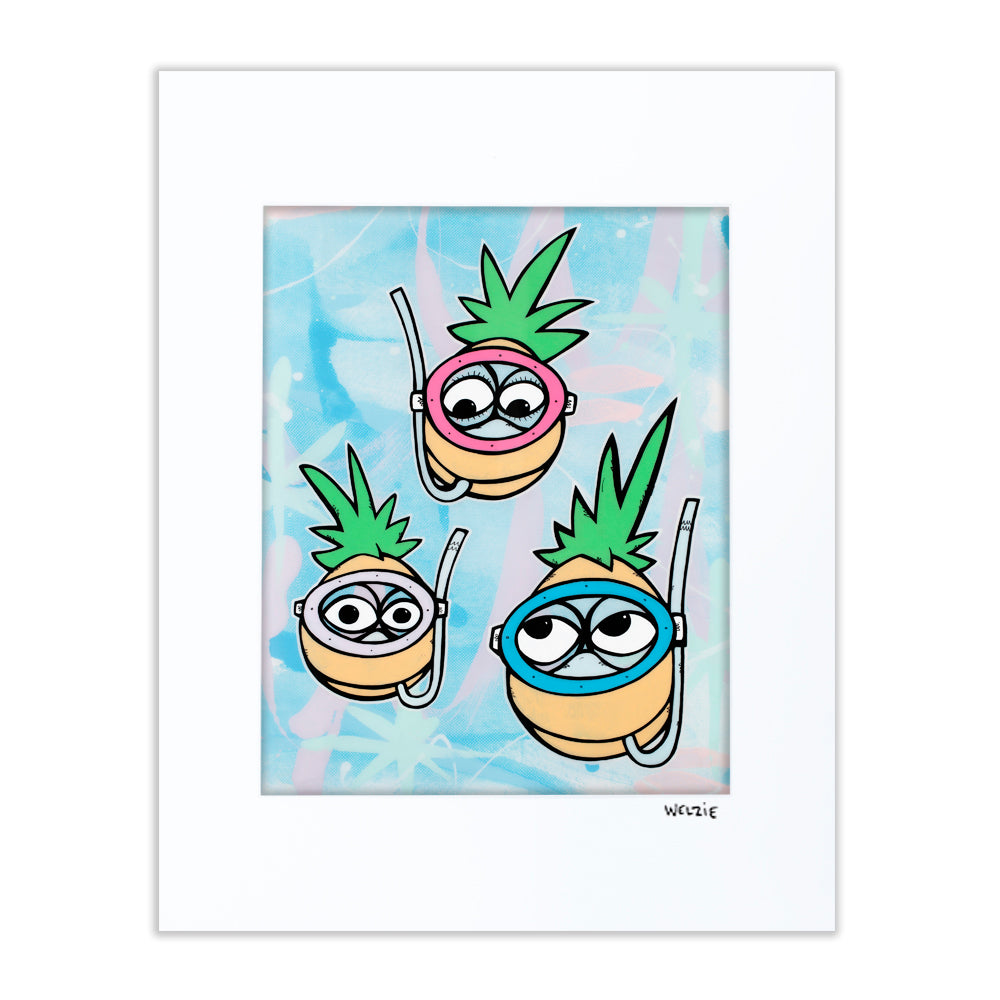Three pineapple characters wearing snorkel masks — matted fine art print by Maui artist Welzie