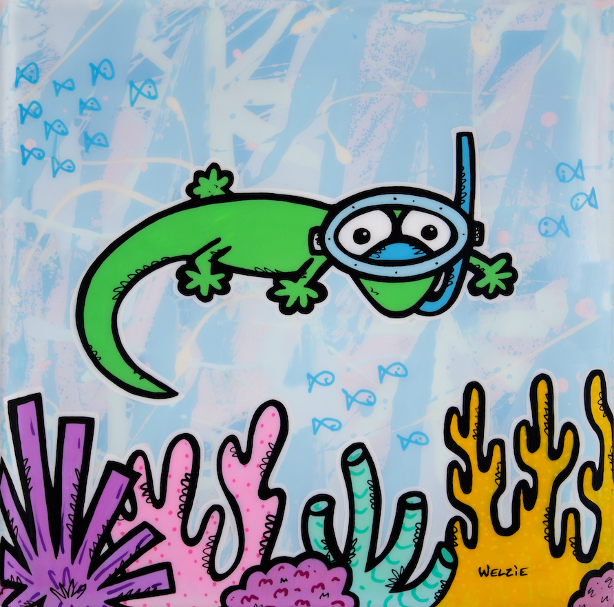 Green gecko wearing a snorkel mask over a colorful coral reef — aluminum reproduction by Maui artist Welzie