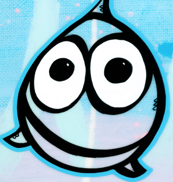 Single round fish character with large expressive eyes — aluminum reproduction by Maui artist Welzie