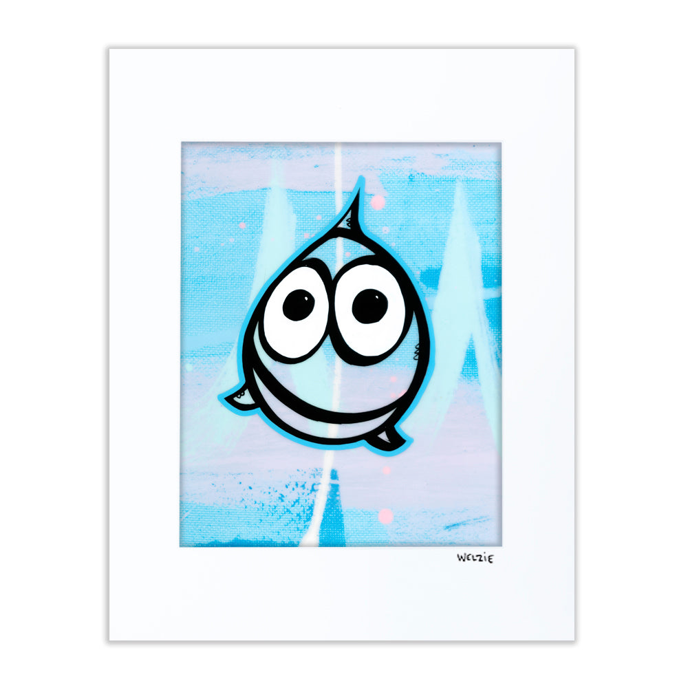 Single round fish character with large expressive eyes — matted fine art print by Maui artist Welzie