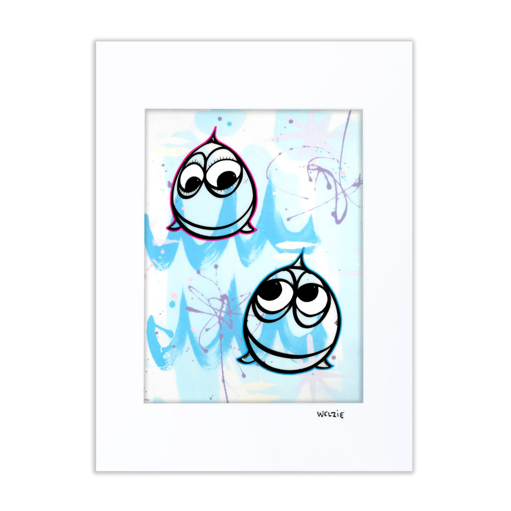 Two round fish characters with big eyes side by side — matted fine art print by Maui artist Welzie