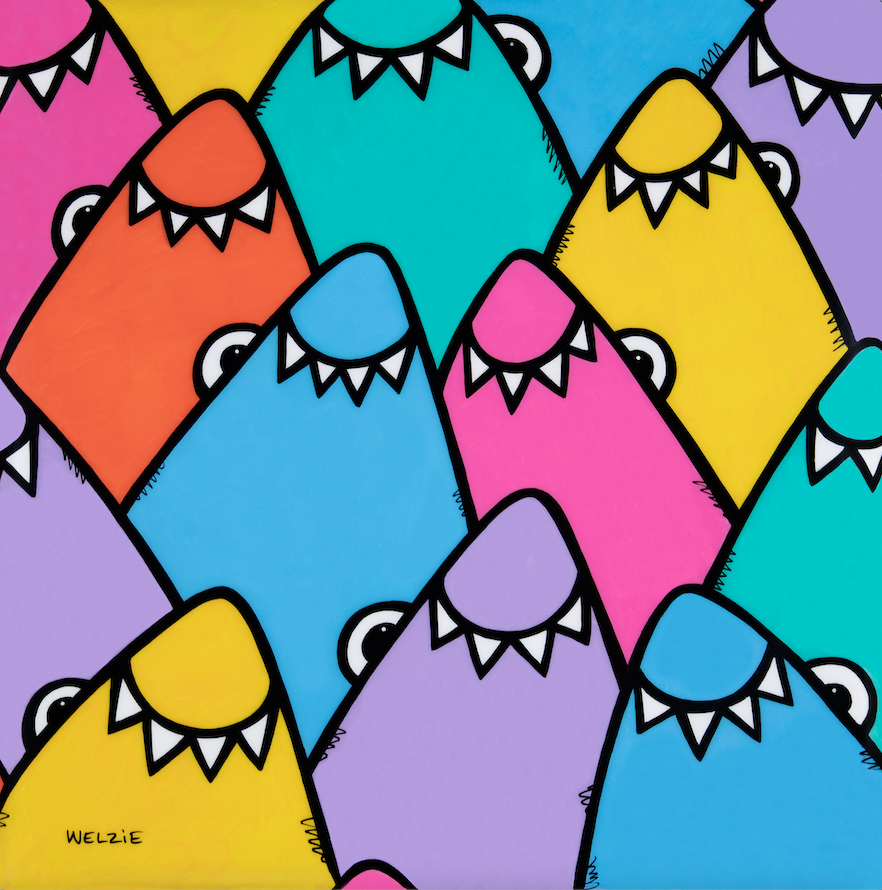 Repeating shark-tooth pattern in orange, teal, pink, purple, and yellow — aluminum reproduction by Maui artist Welzie