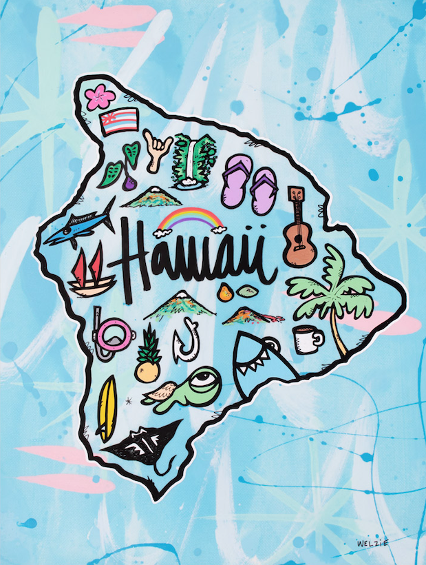 Colorful illustrated map of the Hawaiian Islands with playful icon details — aluminum reproduction by Maui artist Welzie